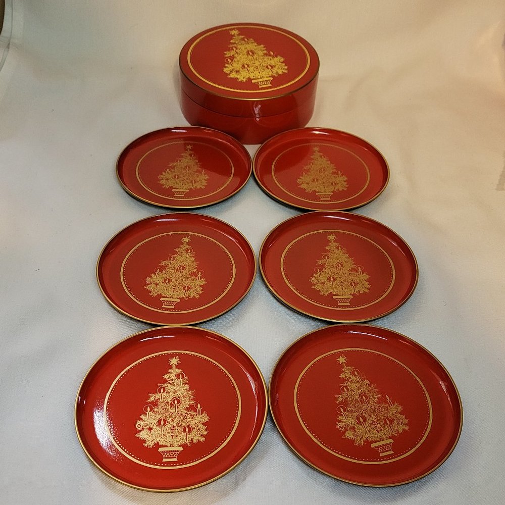 VTG Otagiri Red Lacquer Christmas Tree Coasters